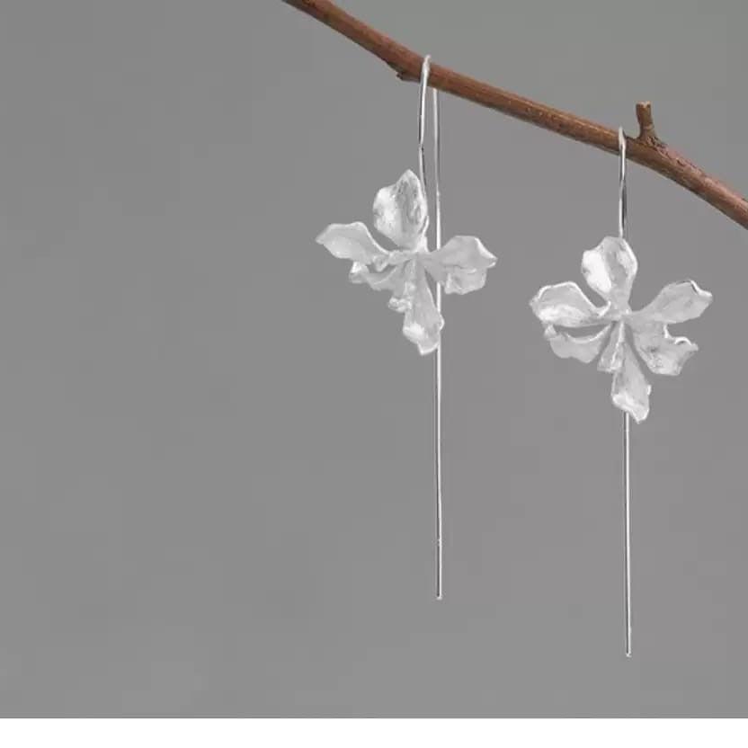 925 Silver Iris Flower Earrings Delicate Floral Long Dangle Hooks-the-taste.com